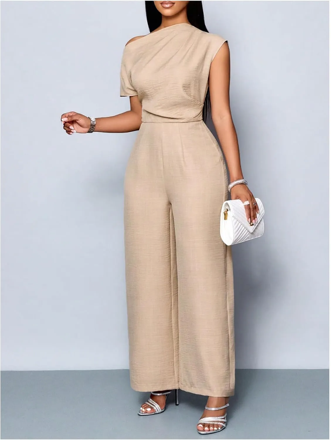 SOLY HUX Women's Summer Asymmetrical Neck Ruched Jumpsuit Elegant Wide Leg Evening Party Rompers