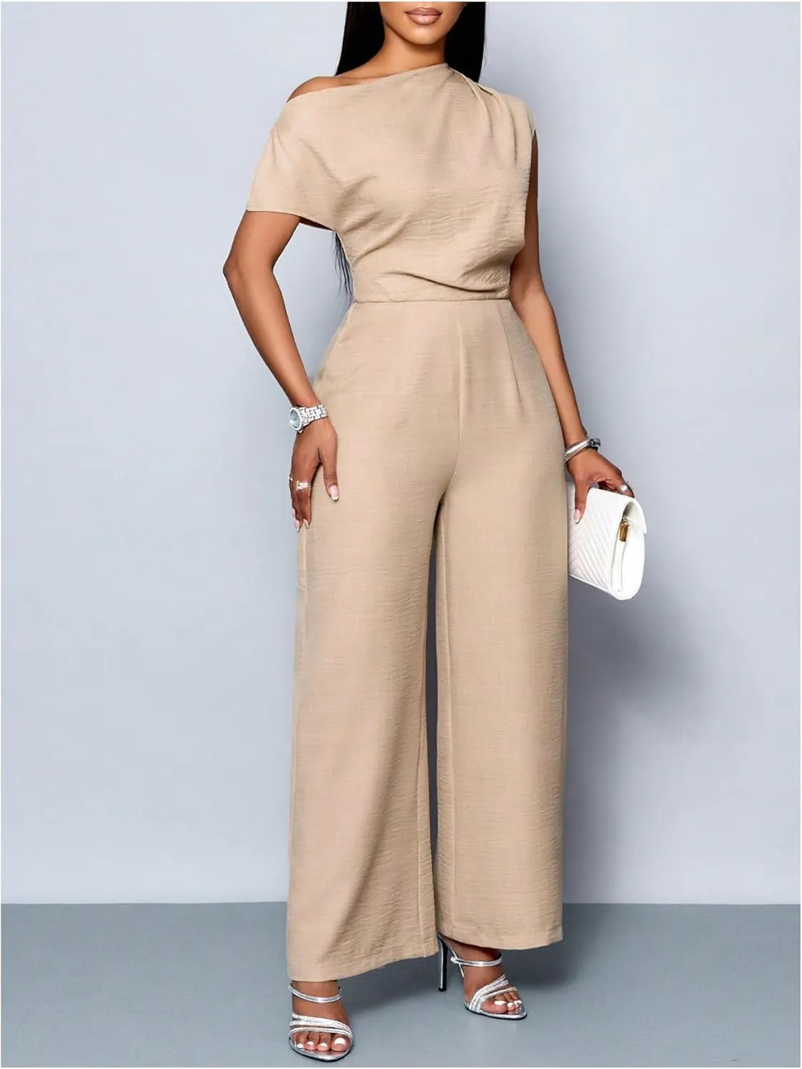 SOLY HUX Women's Summer Asymmetrical Neck Ruched Jumpsuit Elegant Wide Leg Evening Party Rompers