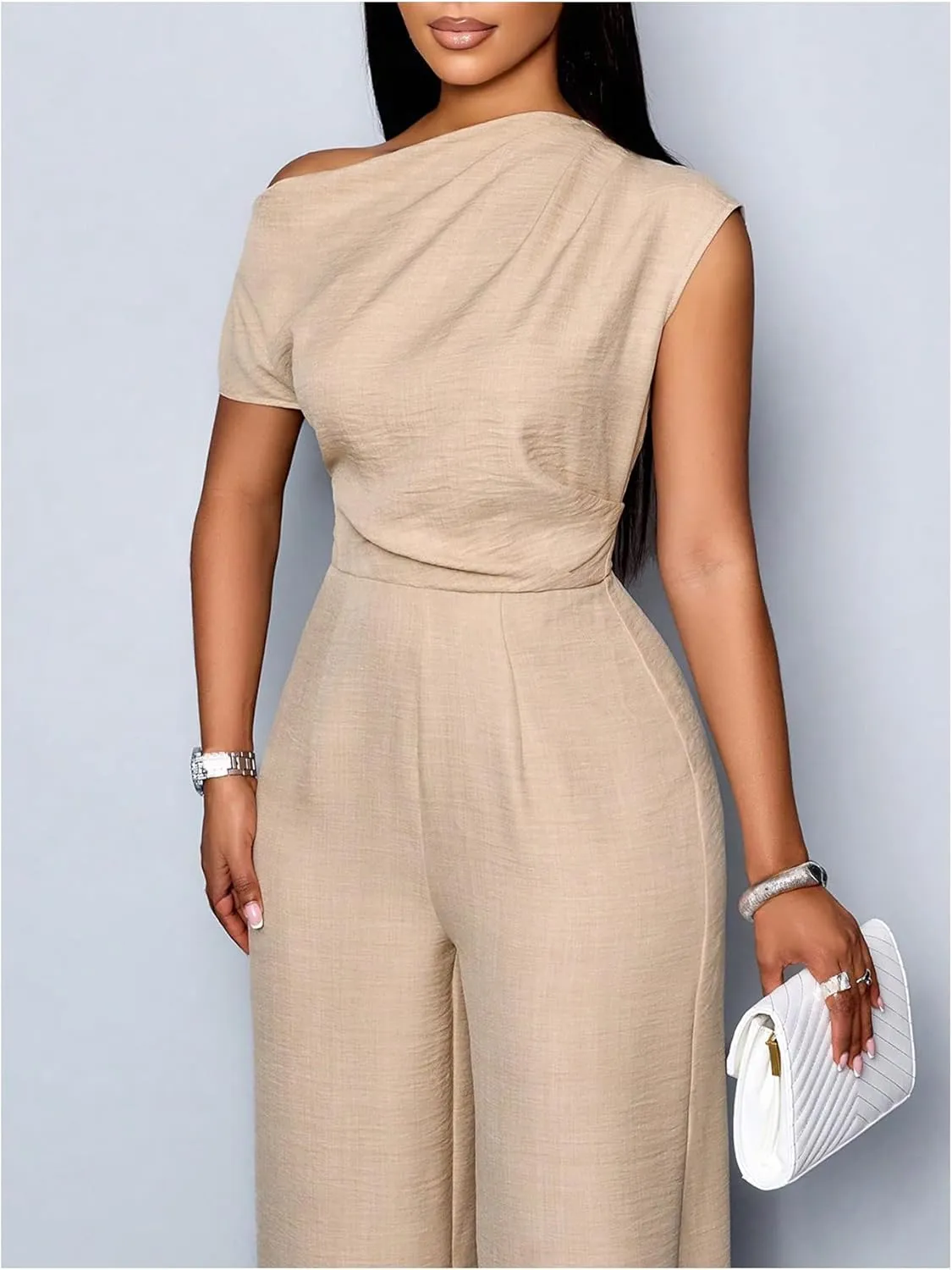 SOLY HUX Women's Summer Asymmetrical Neck Ruched Jumpsuit Elegant Wide Leg Evening Party Rompers