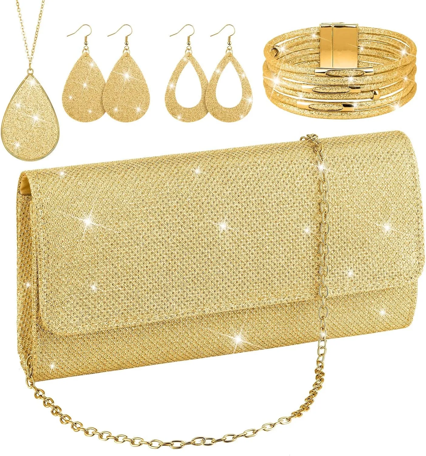 Sotiff 5 Pcs Women Evening Clutch Purse Party Handbag Jewelry Set Necklace Bracelet Earring for Evening Party holiday Gifts(Gold)