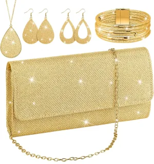 Sotiff 5 Pcs Women Evening Clutch Purse Party Handbag Jewelry Set Necklace Bracelet Earring for Evening Party holiday Gifts(Gold)