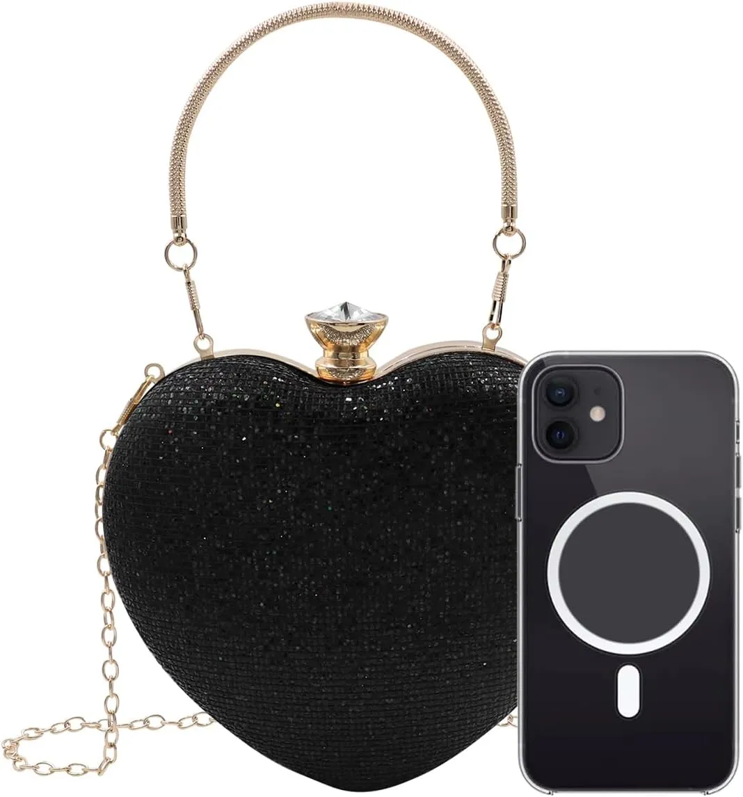 Sparkly Heart Purse for Women Glitter Evening Clutch Women Banquet Crossbody Shoulder Bag