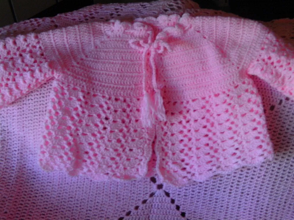 sparkly pink baby blanket with matching sweater hand made crochet gift Christmas Christening hospital homecoming come home best seller