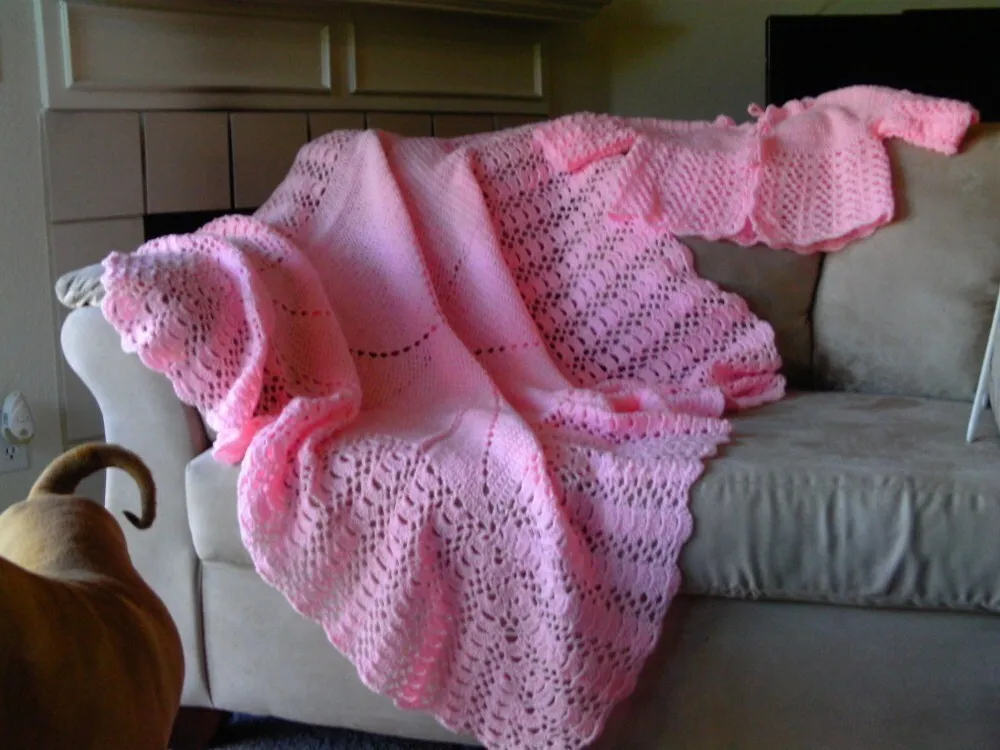 sparkly pink baby blanket with matching sweater hand made crochet gift Christmas Christening hospital homecoming come home best seller