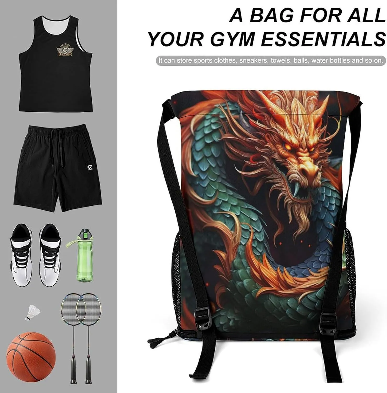 Sports Drawstring Backpack Lightweight Small Gym Bag Chinese Dragon Gym Sackpack for Women Men