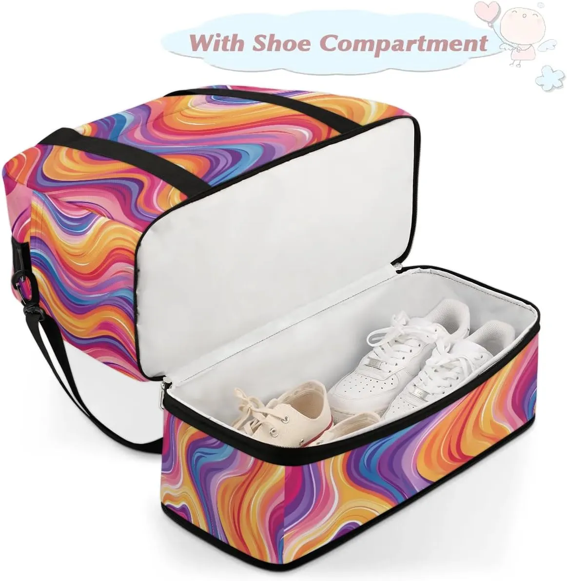 Sports Duffel Bag, Foldable Rainbow Travel Duffel Bag, Gym Yoga Beach Bag Weekender Overnight Bag with Shoes Compartment for Men Women, Psychedelic Iridescent Fluid Art