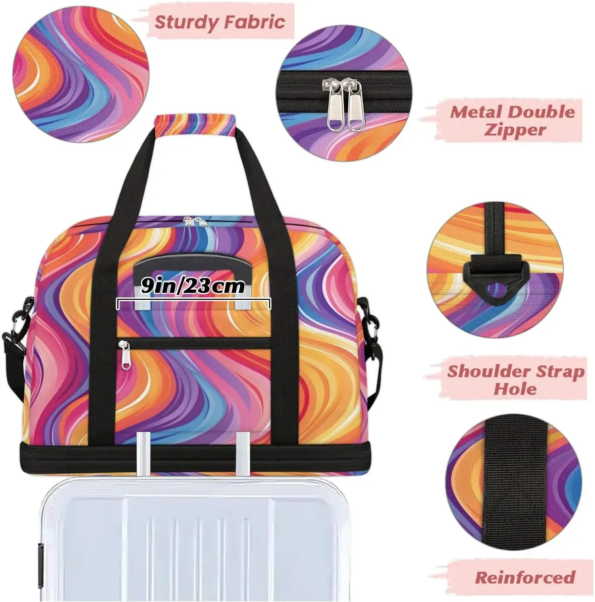 Sports Duffel Bag, Foldable Rainbow Travel Duffel Bag, Gym Yoga Beach Bag Weekender Overnight Bag with Shoes Compartment for Men Women, Psychedelic Iridescent Fluid Art