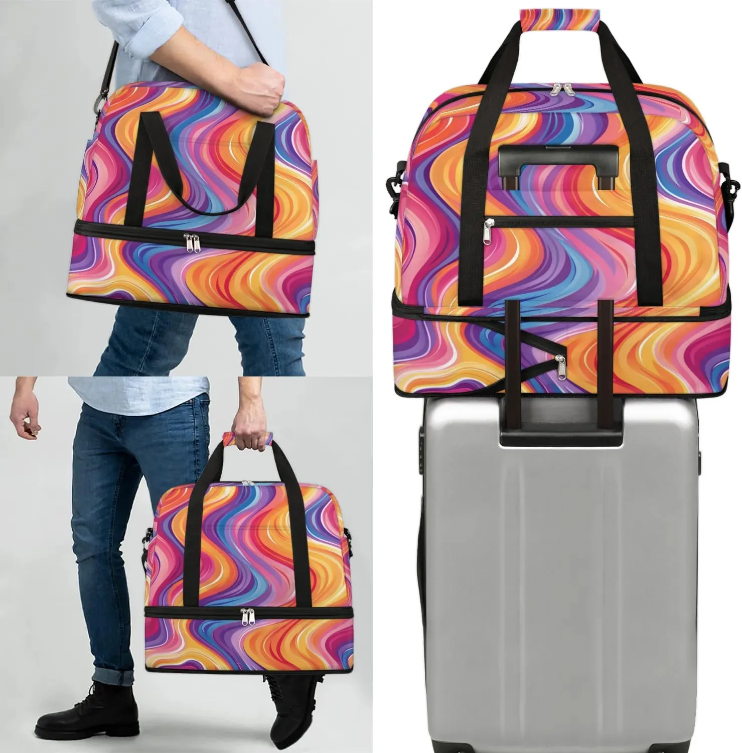 Sports Duffel Bag, Foldable Rainbow Travel Duffel Bag, Gym Yoga Beach Bag Weekender Overnight Bag with Shoes Compartment for Men Women, Psychedelic Iridescent Fluid Art