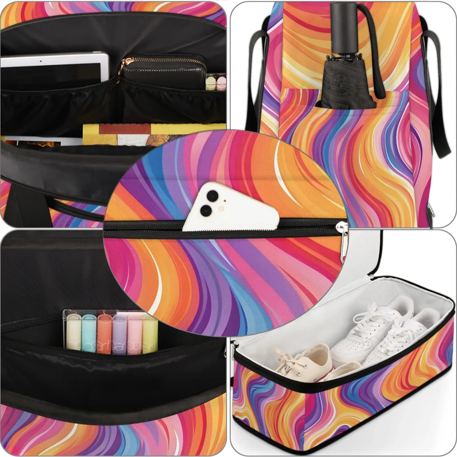 Sports Duffel Bag, Foldable Rainbow Travel Duffel Bag, Gym Yoga Beach Bag Weekender Overnight Bag with Shoes Compartment for Men Women, Psychedelic Iridescent Fluid Art