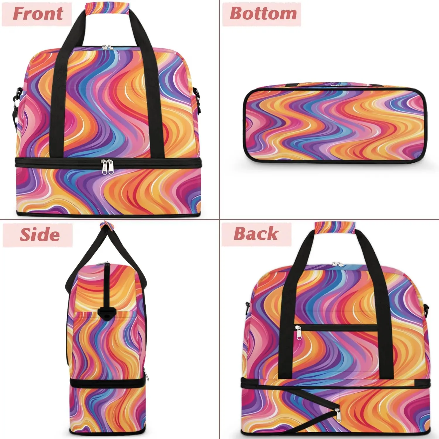 Sports Duffel Bag, Foldable Rainbow Travel Duffel Bag, Gym Yoga Beach Bag Weekender Overnight Bag with Shoes Compartment for Men Women, Psychedelic Iridescent Fluid Art