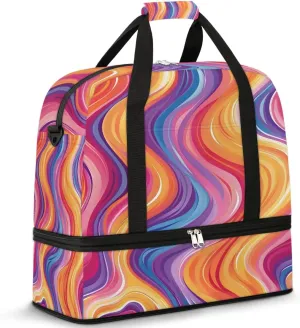 Sports Duffel Bag, Foldable Rainbow Travel Duffel Bag, Gym Yoga Beach Bag Weekender Overnight Bag with Shoes Compartment for Men Women, Psychedelic Iridescent Fluid Art