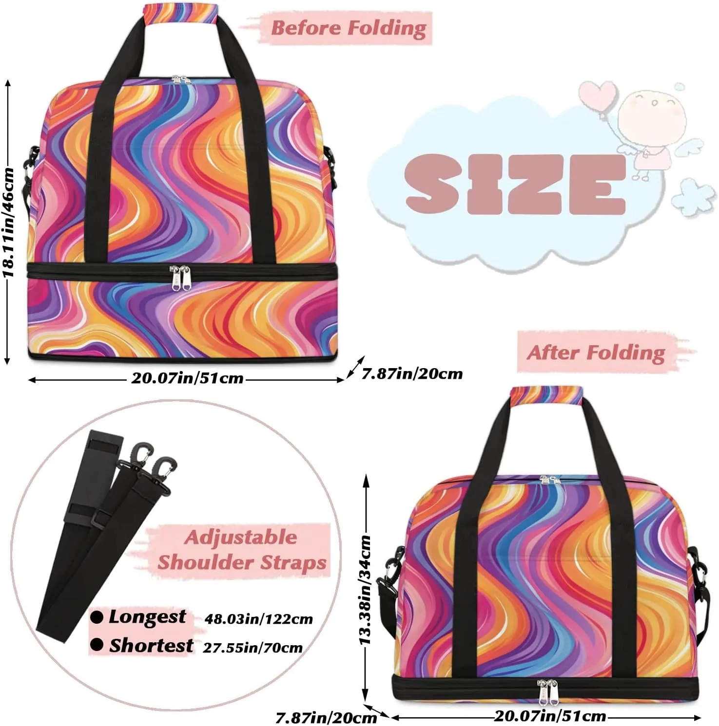 Sports Duffel Bag, Foldable Rainbow Travel Duffel Bag, Gym Yoga Beach Bag Weekender Overnight Bag with Shoes Compartment for Men Women, Psychedelic Iridescent Fluid Art