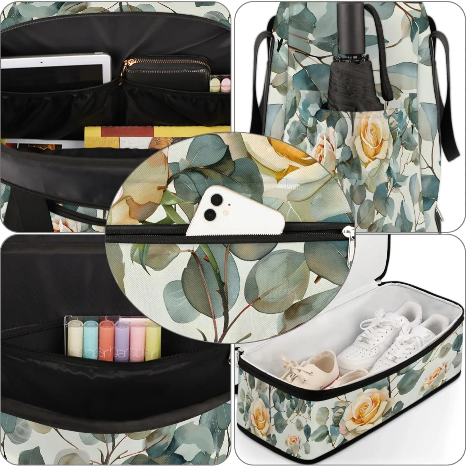 Sports Duffel Bag, Foldable Rose Floral Travel Duffel Bag, Gym Yoga Beach Bag Weekender Overnight Bag with Shoes Compartment for Men Women, Eucalyptus Leaf Rose