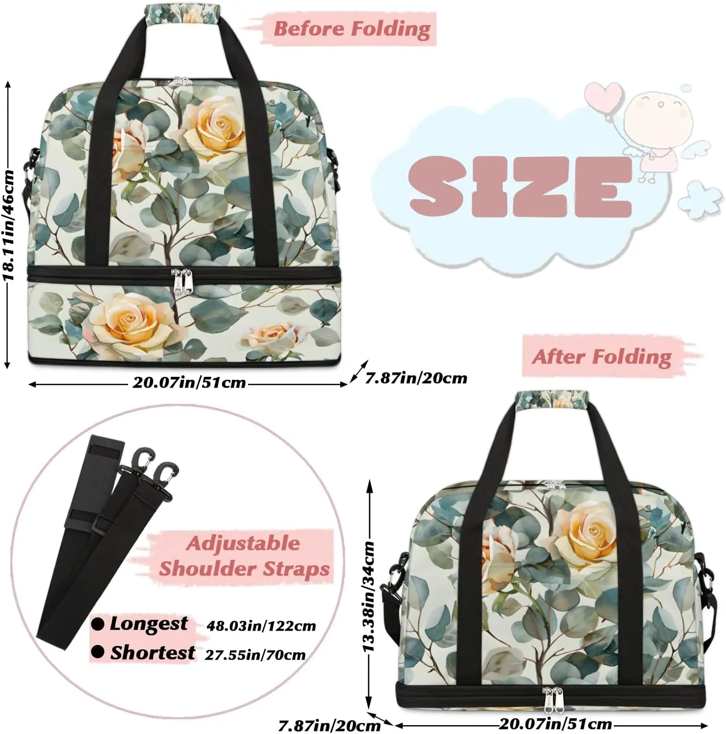 Sports Duffel Bag, Foldable Rose Floral Travel Duffel Bag, Gym Yoga Beach Bag Weekender Overnight Bag with Shoes Compartment for Men Women, Eucalyptus Leaf Rose