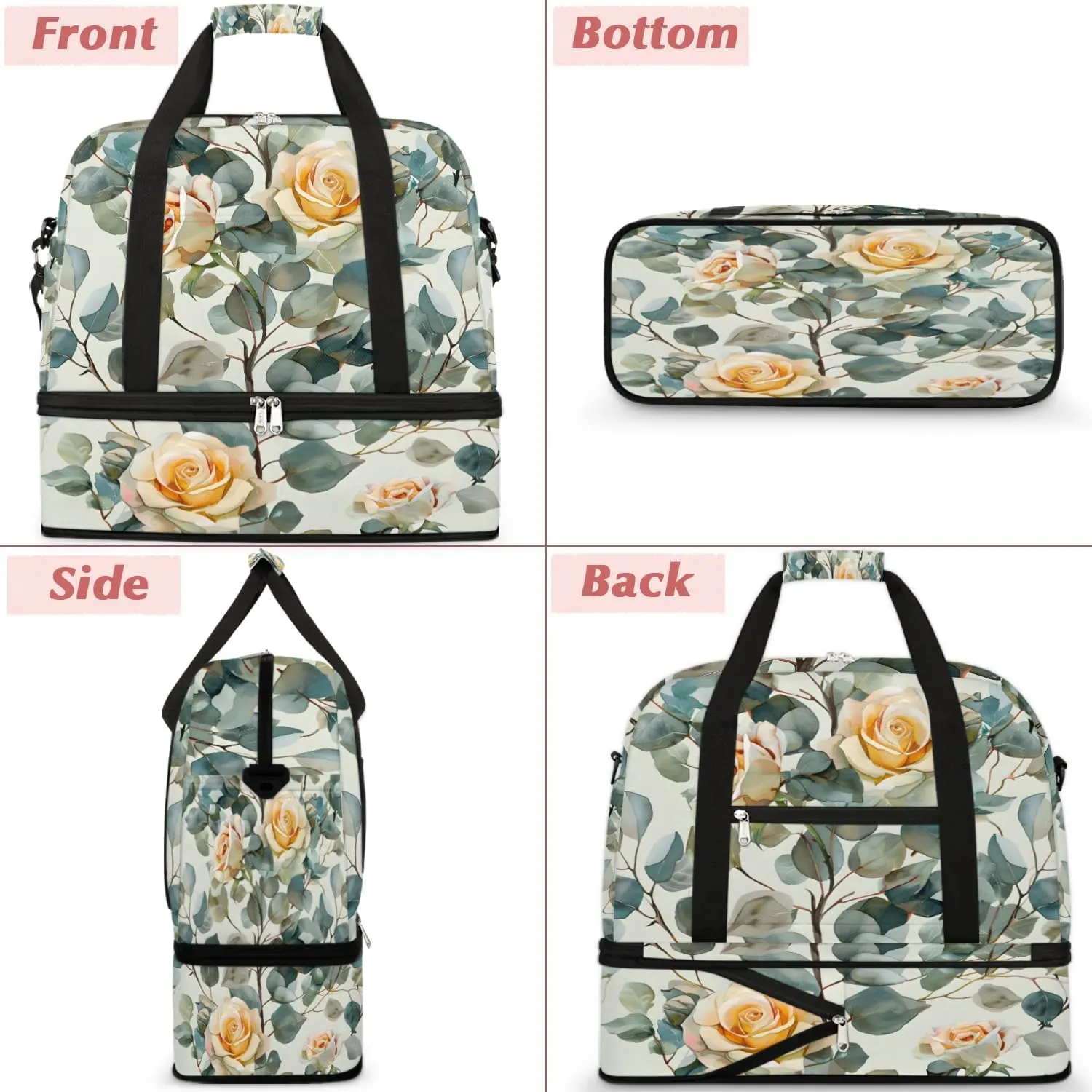 Sports Duffel Bag, Foldable Rose Floral Travel Duffel Bag, Gym Yoga Beach Bag Weekender Overnight Bag with Shoes Compartment for Men Women, Eucalyptus Leaf Rose