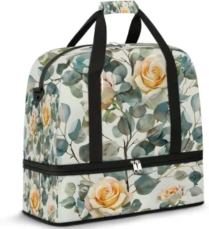 Sports Duffel Bag, Foldable Rose Floral Travel Duffel Bag, Gym Yoga Beach Bag Weekender Overnight Bag with Shoes Compartment for Men Women, Eucalyptus Leaf Rose