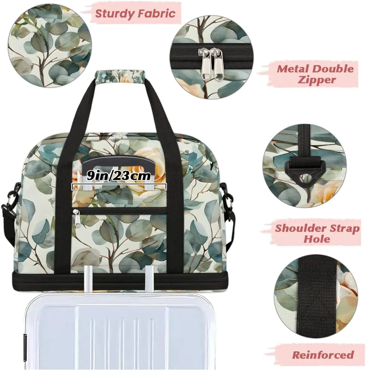 Sports Duffel Bag, Foldable Rose Floral Travel Duffel Bag, Gym Yoga Beach Bag Weekender Overnight Bag with Shoes Compartment for Men Women, Eucalyptus Leaf Rose