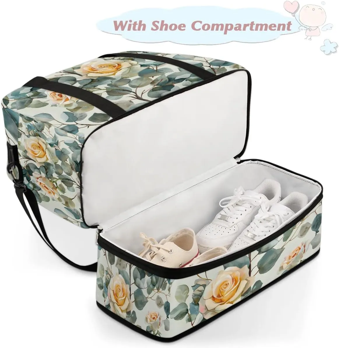 Sports Duffel Bag, Foldable Rose Floral Travel Duffel Bag, Gym Yoga Beach Bag Weekender Overnight Bag with Shoes Compartment for Men Women, Eucalyptus Leaf Rose