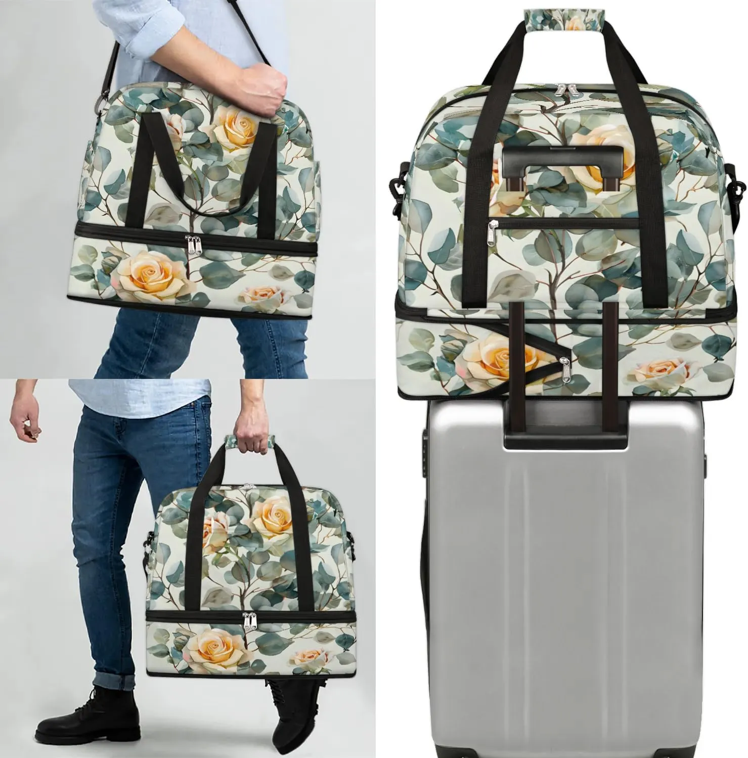 Sports Duffel Bag, Foldable Rose Floral Travel Duffel Bag, Gym Yoga Beach Bag Weekender Overnight Bag with Shoes Compartment for Men Women, Eucalyptus Leaf Rose