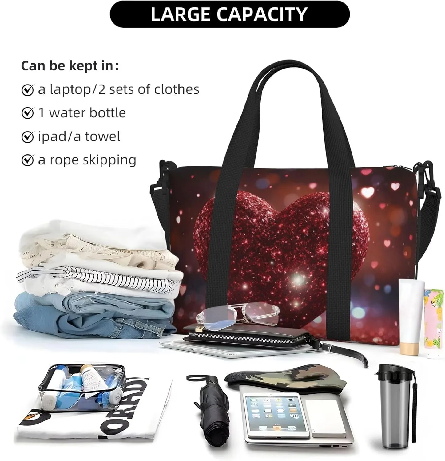 Sports Gym Bag for Women Men Travel Duffel Bag Tote Weekender Bag Carry on Overnight Bag for Travel Swimming Fitness Workout Sports Red Glitter Heart Duffle Bag