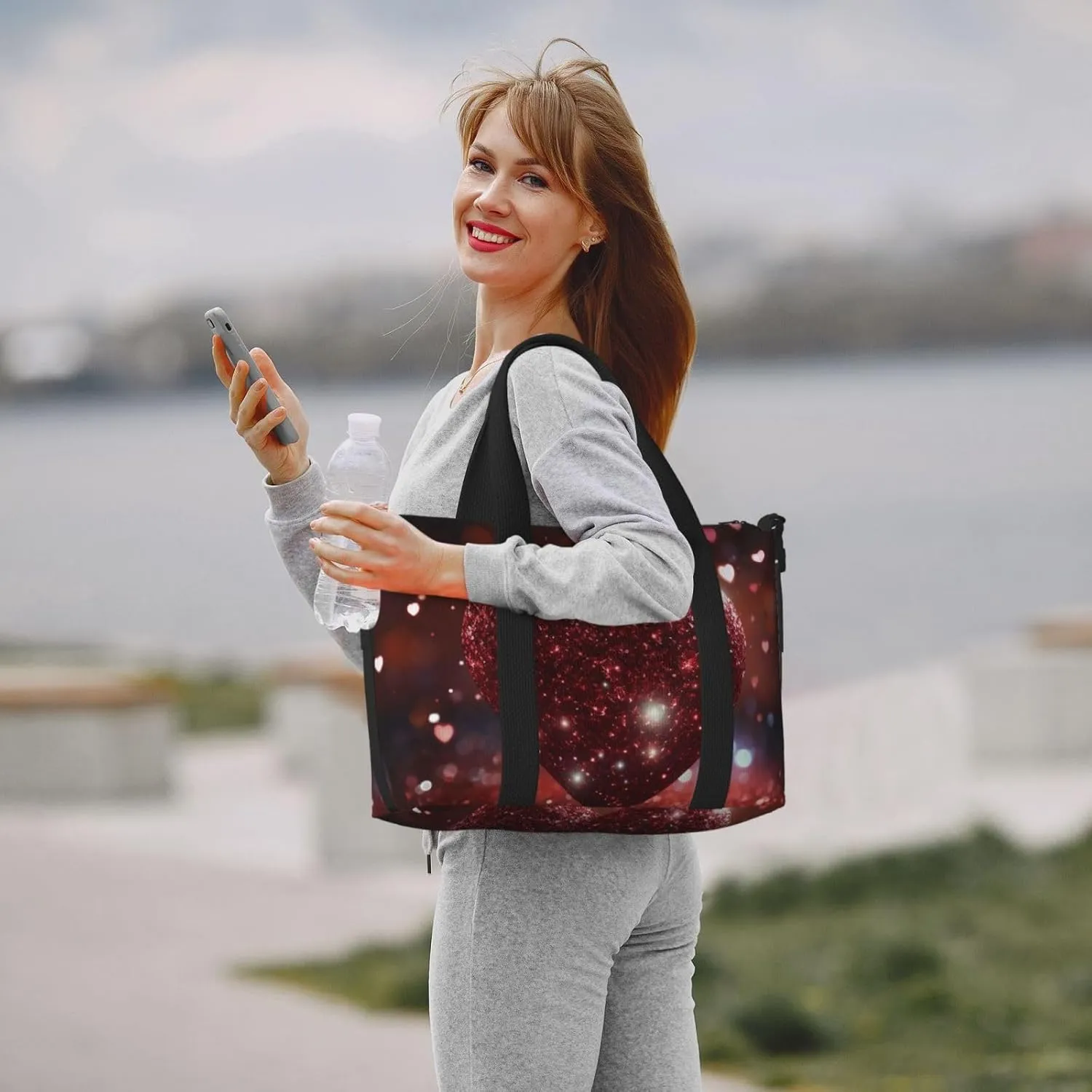 Sports Gym Bag for Women Men Travel Duffel Bag Tote Weekender Bag Carry on Overnight Bag for Travel Swimming Fitness Workout Sports Red Glitter Heart Duffle Bag