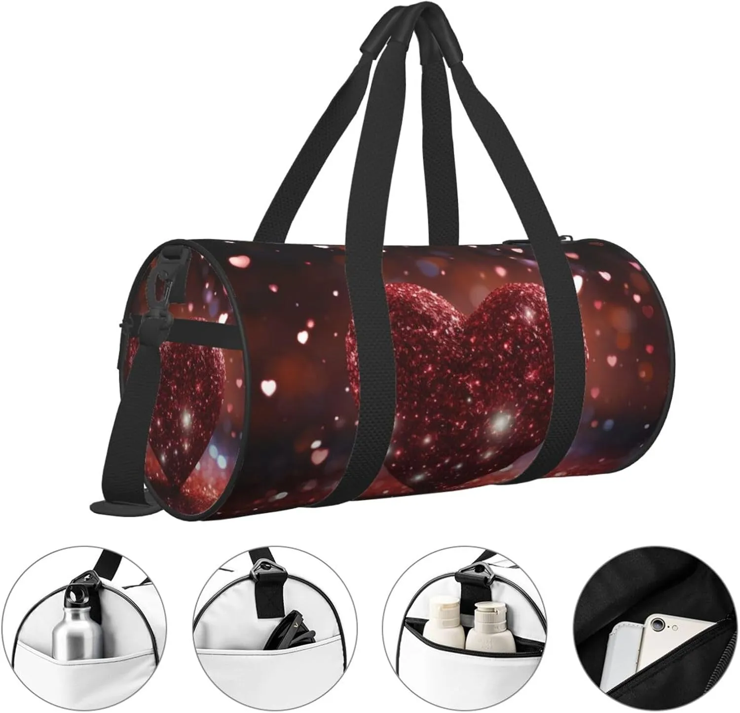 Sports Gym Bag for Women Men Travel Duffel Bag Tote Weekender Bag Carry on Overnight Bag for Travel Swimming Fitness Workout Sports Red Glitter Heart Duffle Bag