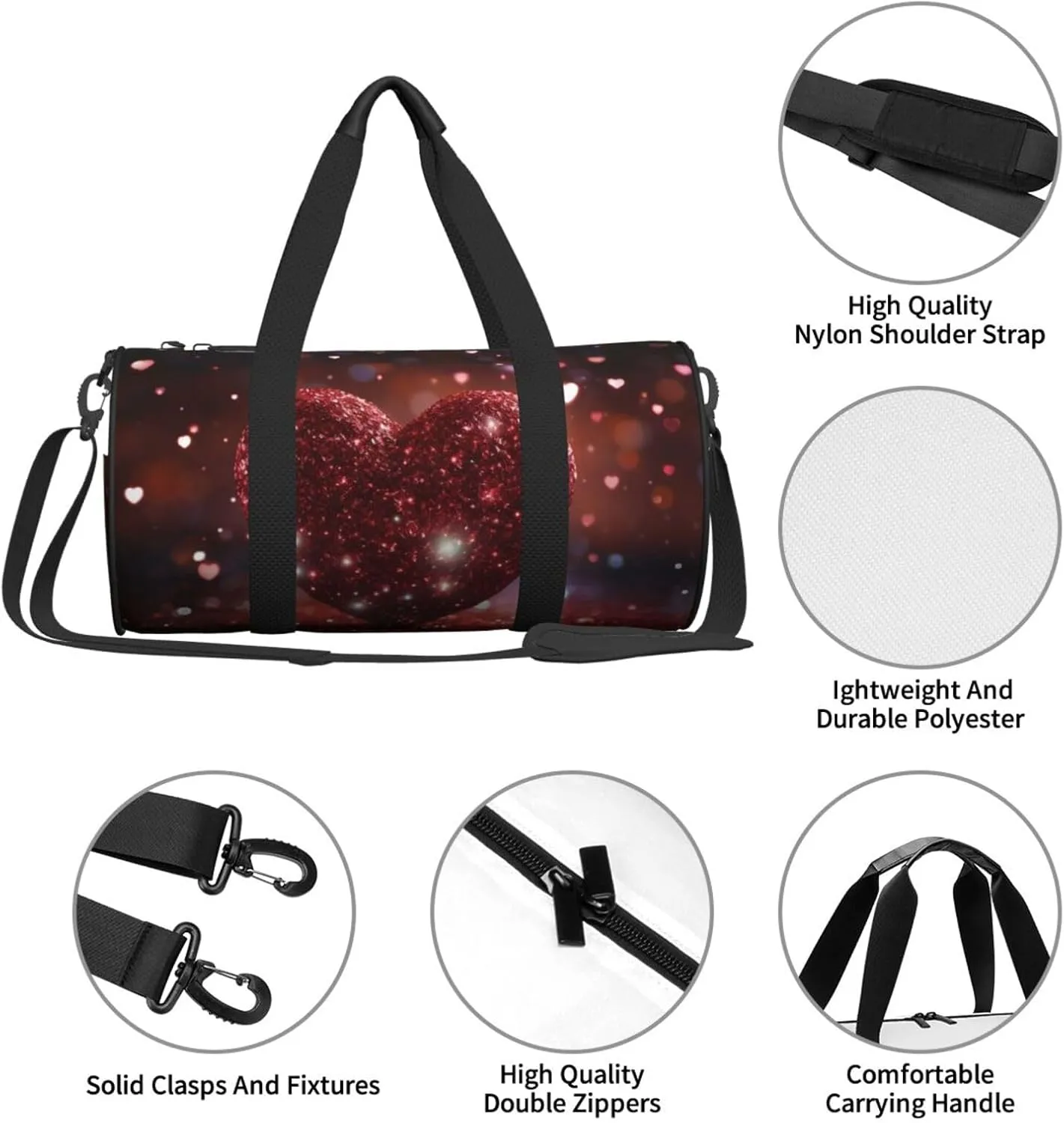 Sports Gym Bag for Women Men Travel Duffel Bag Tote Weekender Bag Carry on Overnight Bag for Travel Swimming Fitness Workout Sports Red Glitter Heart Duffle Bag