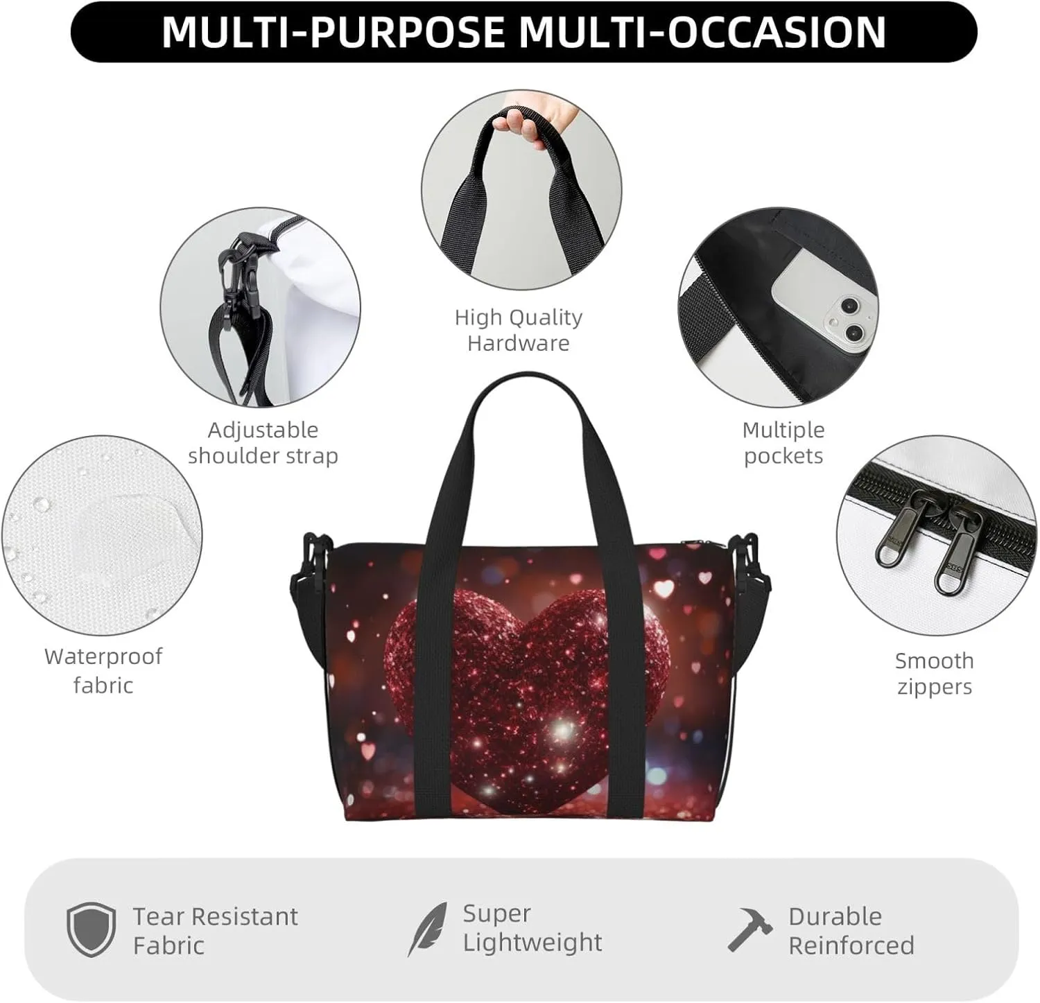 Sports Gym Bag for Women Men Travel Duffel Bag Tote Weekender Bag Carry on Overnight Bag for Travel Swimming Fitness Workout Sports Red Glitter Heart Duffle Bag