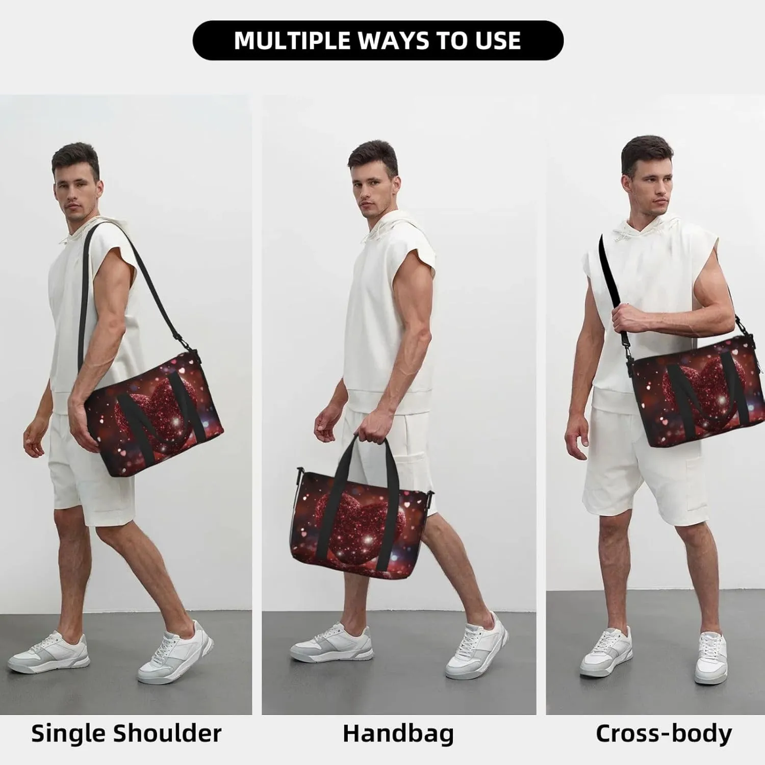 Sports Gym Bag for Women Men Travel Duffel Bag Tote Weekender Bag Carry on Overnight Bag for Travel Swimming Fitness Workout Sports Red Glitter Heart Duffle Bag