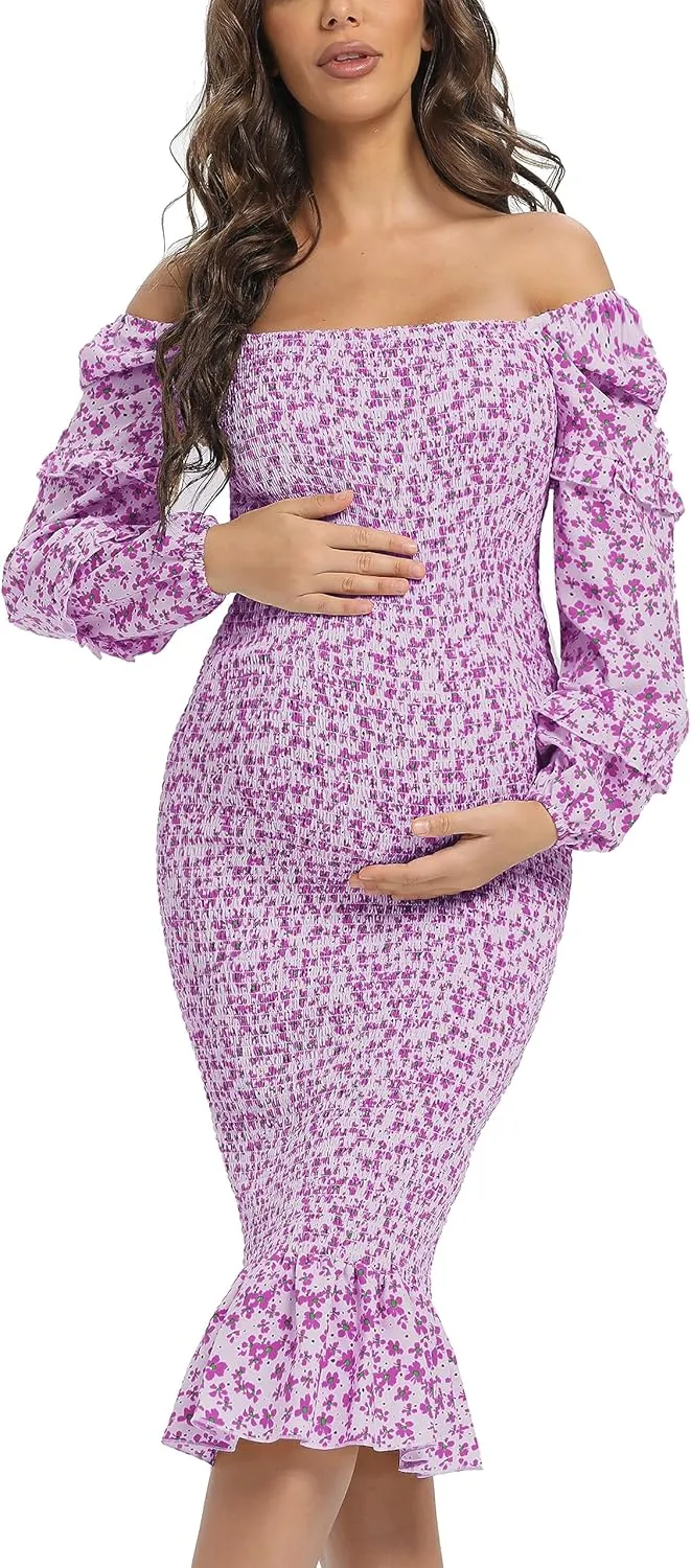 Spring Long Puff Sleeve Maternity Dress Floral Ruffle Hem Mermaid Baby Shower/Photoshoot Dress