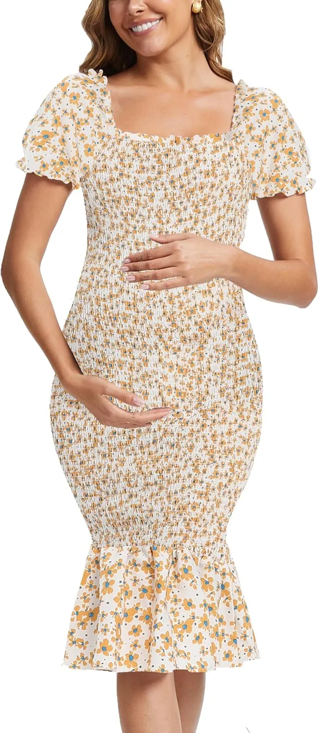 Spring Long Puff Sleeve Maternity Dress Floral Ruffle Hem Mermaid Baby Shower/Photoshoot Dress