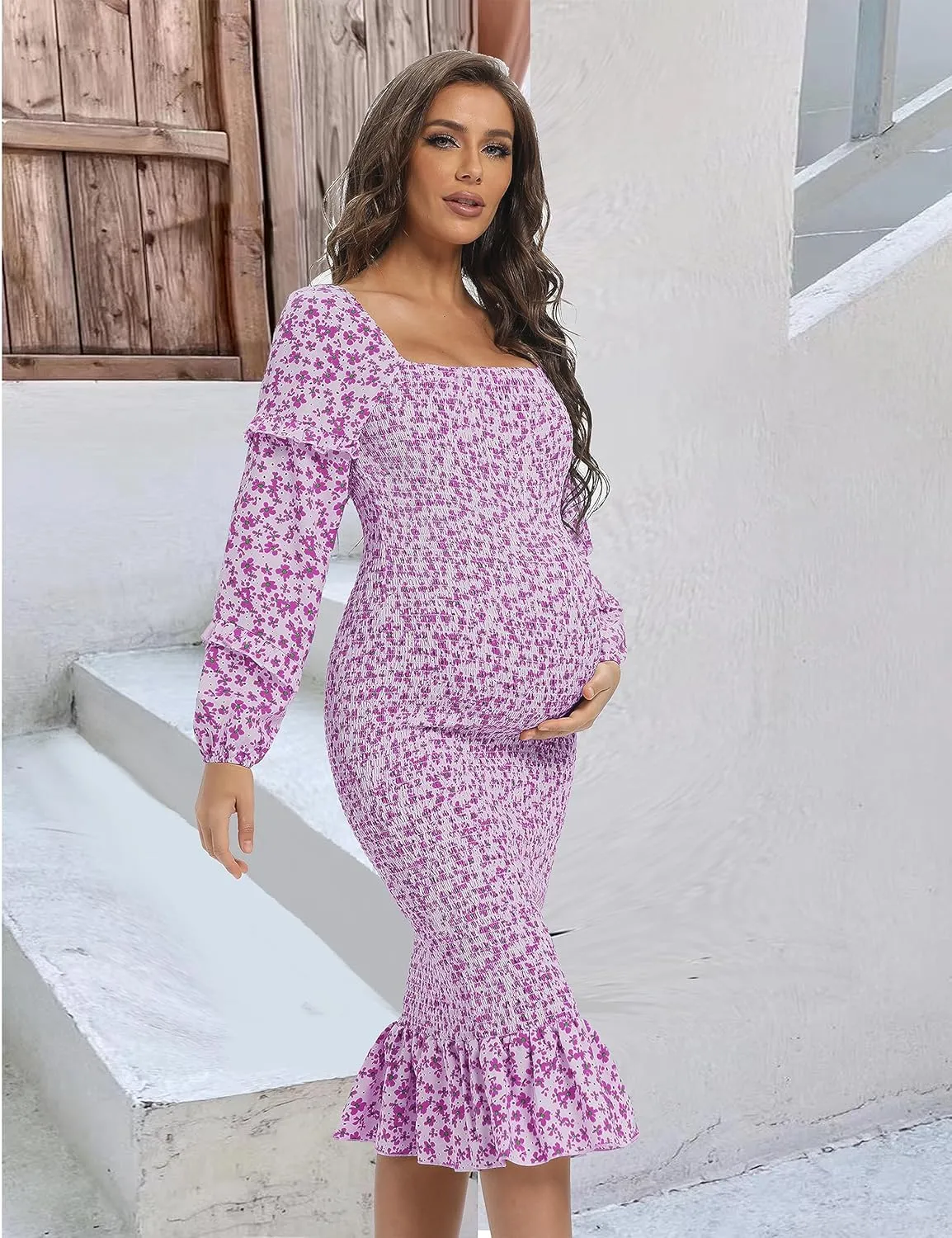 Spring Long Puff Sleeve Maternity Dress Floral Ruffle Hem Mermaid Baby Shower/Photoshoot Dress
