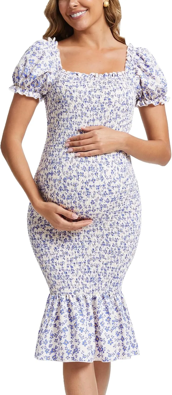 Spring Long Puff Sleeve Maternity Dress Floral Ruffle Hem Mermaid Baby Shower/Photoshoot Dress