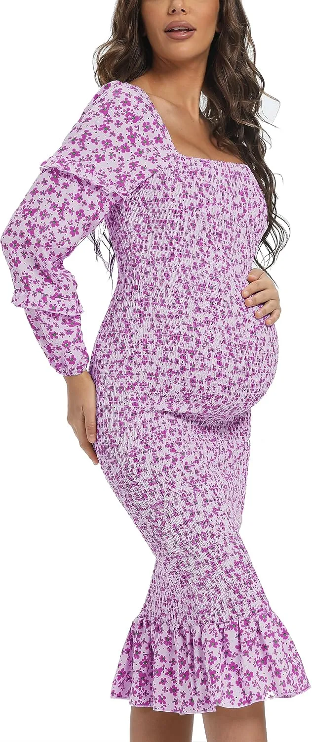 Spring Long Puff Sleeve Maternity Dress Floral Ruffle Hem Mermaid Baby Shower/Photoshoot Dress
