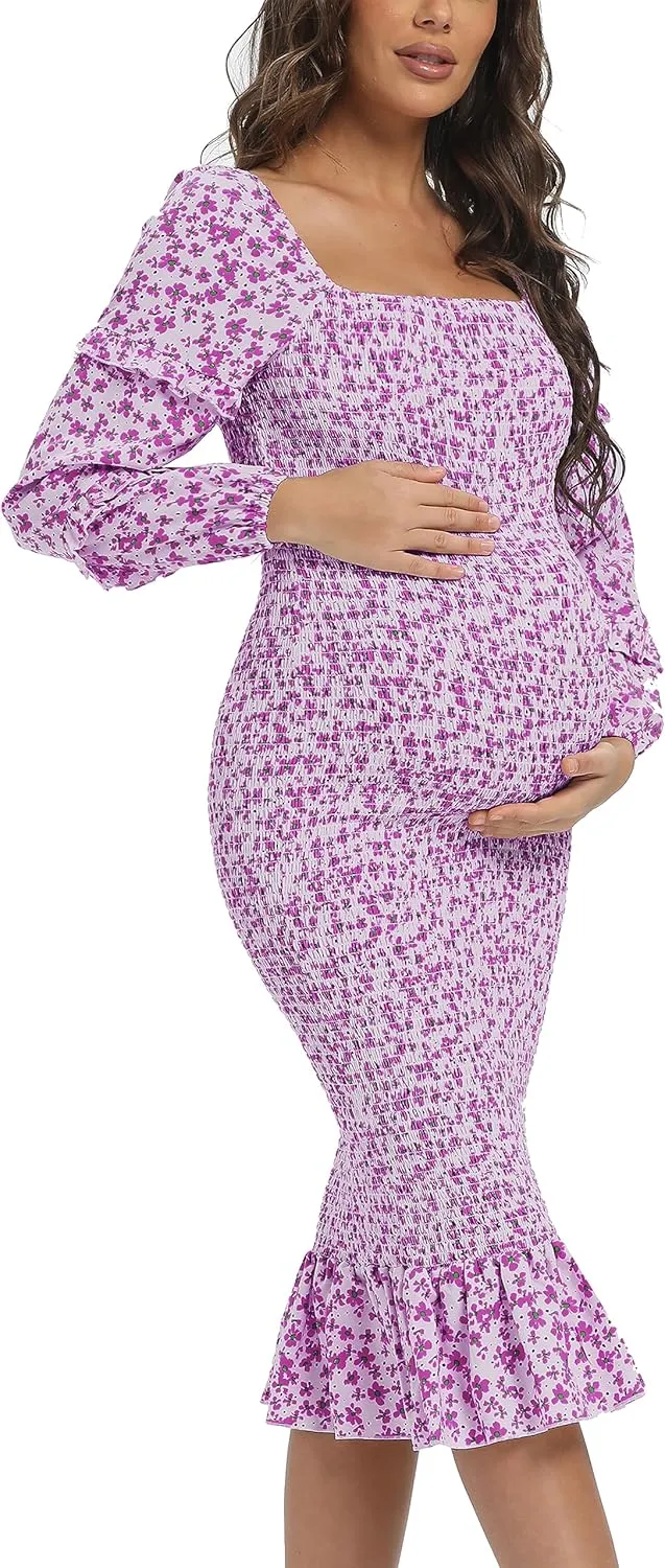 Spring Long Puff Sleeve Maternity Dress Floral Ruffle Hem Mermaid Baby Shower/Photoshoot Dress
