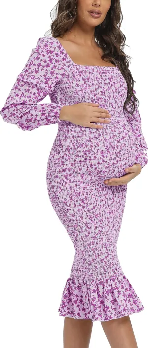 Spring Long Puff Sleeve Maternity Dress Floral Ruffle Hem Mermaid Baby Shower/Photoshoot Dress
