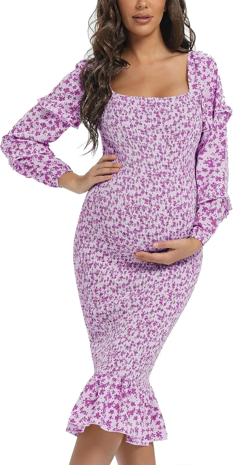 Spring Long Puff Sleeve Maternity Dress Floral Ruffle Hem Mermaid Baby Shower/Photoshoot Dress