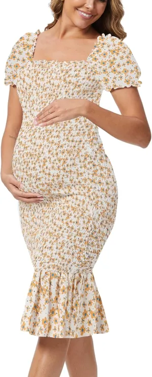 Spring Long Puff Sleeve Maternity Dress Floral Ruffle Hem Mermaid Baby Shower/Photoshoot Dress