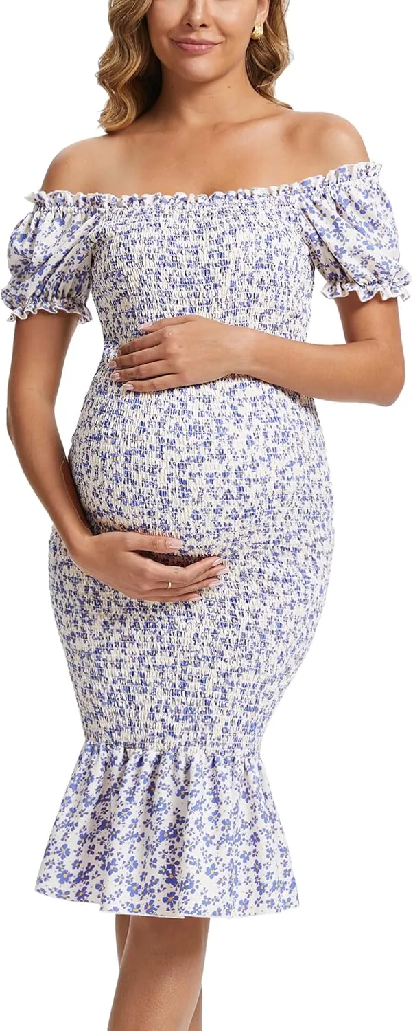 Spring Long Puff Sleeve Maternity Dress Floral Ruffle Hem Mermaid Baby Shower/Photoshoot Dress