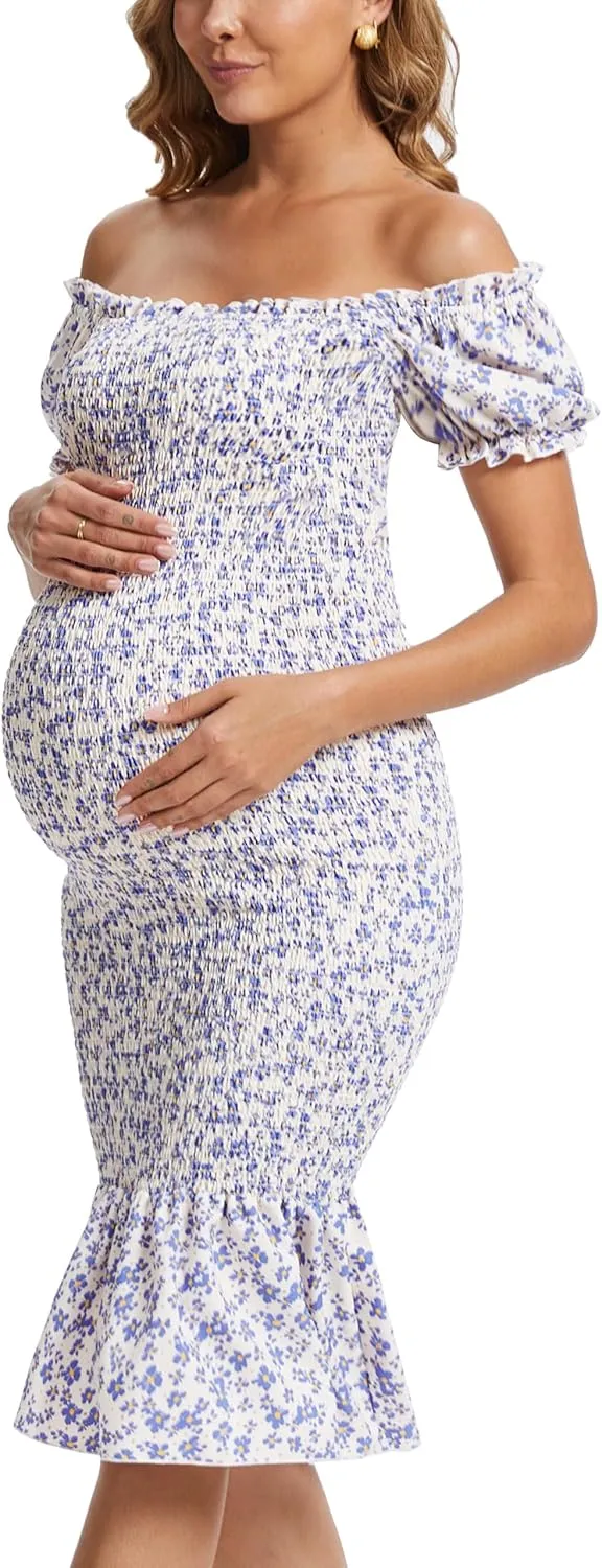 Spring Long Puff Sleeve Maternity Dress Floral Ruffle Hem Mermaid Baby Shower/Photoshoot Dress