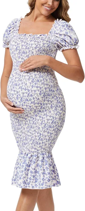 Spring Long Puff Sleeve Maternity Dress Floral Ruffle Hem Mermaid Baby Shower/Photoshoot Dress