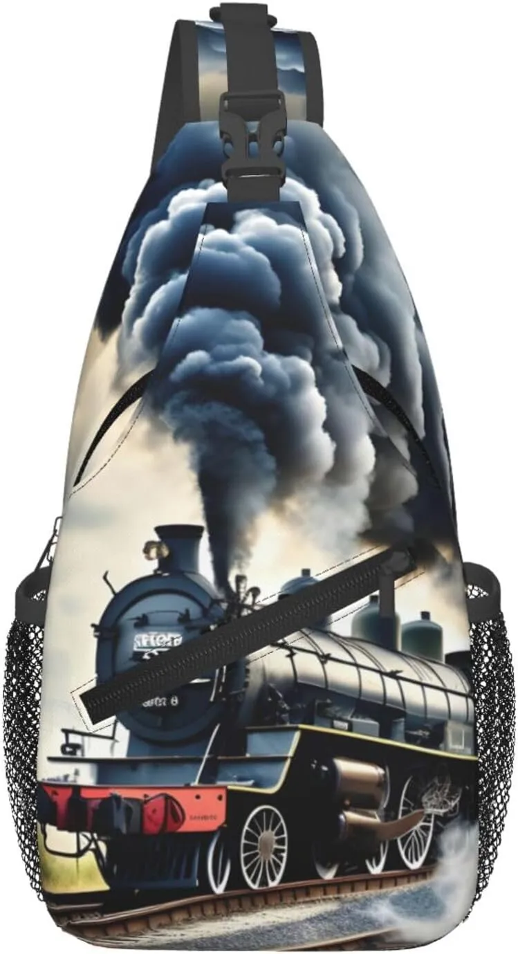 Steam Train Clouds Print Sling Bag Crossbody Travel Hiking Chest Backpack Shoulder Daypack For Women Men
