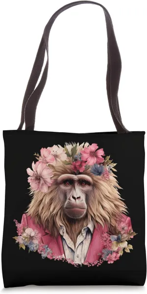 Stylish Baboon with Floral Crown Whimsical Animal Design Tote Bag