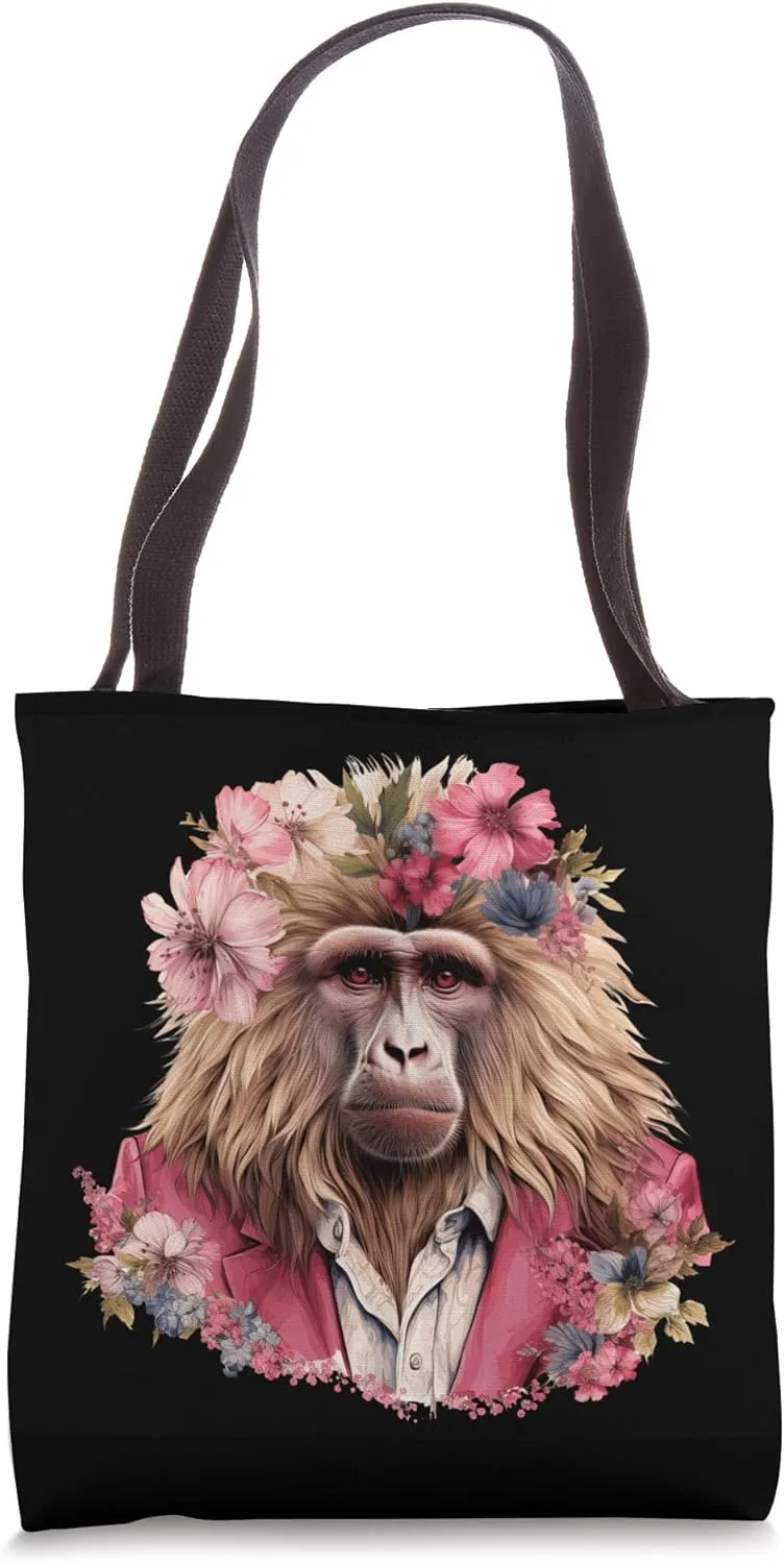 Stylish Baboon with Floral Crown Whimsical Animal Design Tote Bag