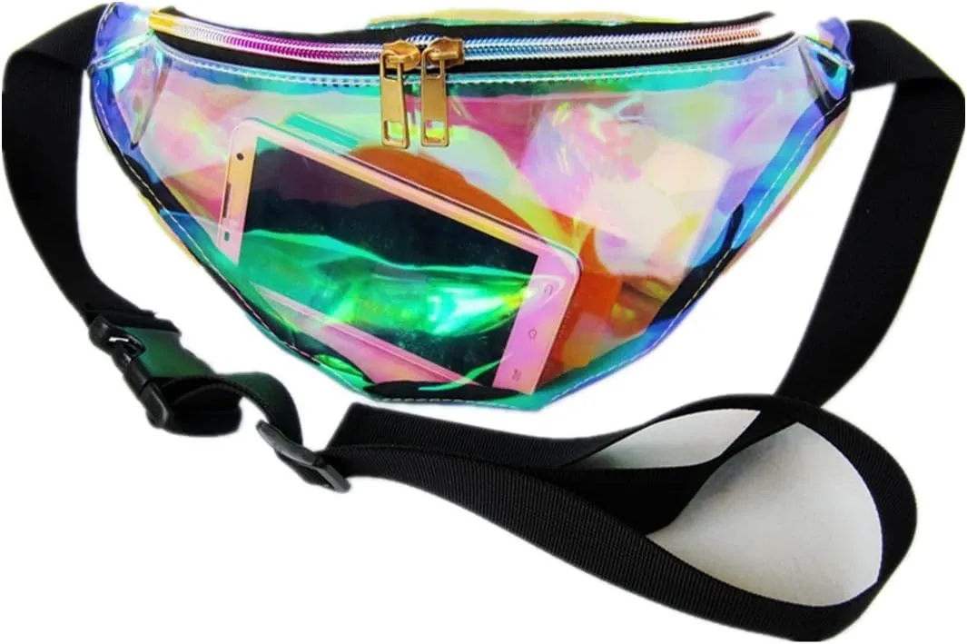 Stylish Women Iridescent Hologram Fanny Pack Shiny Metallic Waist Bag Punk For Men Women Outdoor Sports (Clear Laser)