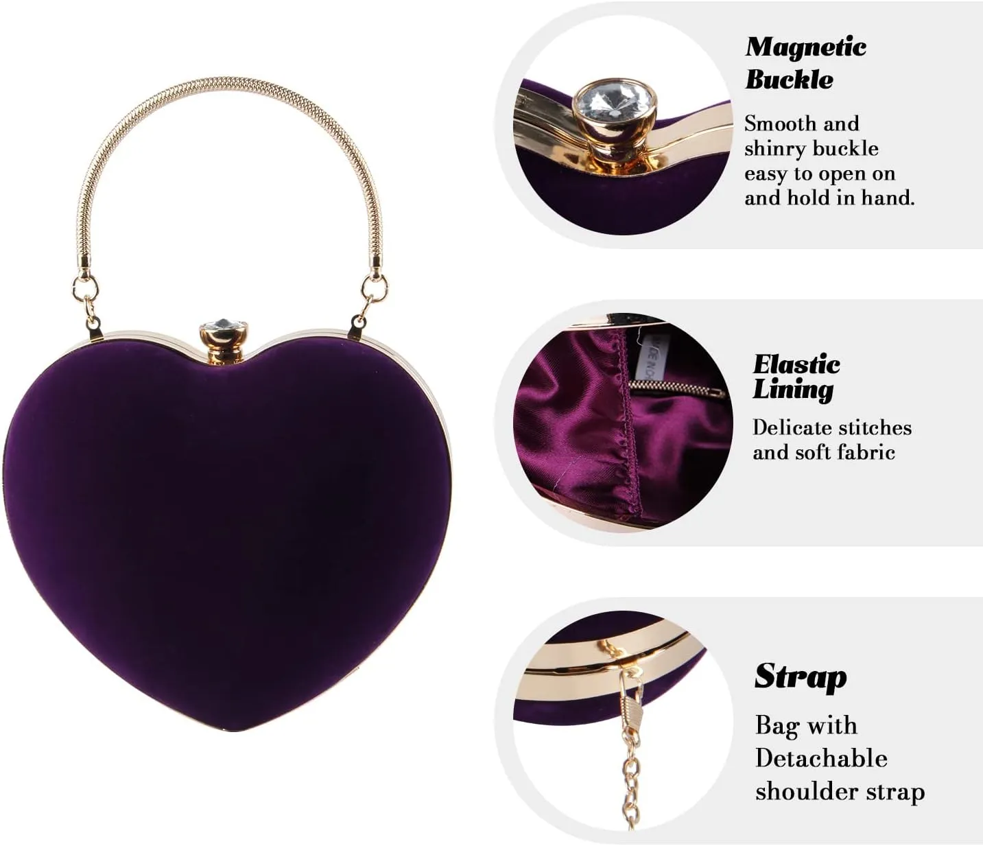 SUKUTU Womens Heart Shape Evening Bag Purse Velvet Party Tote Mini Handbag Clutch Chain Clear Shoulder Bag