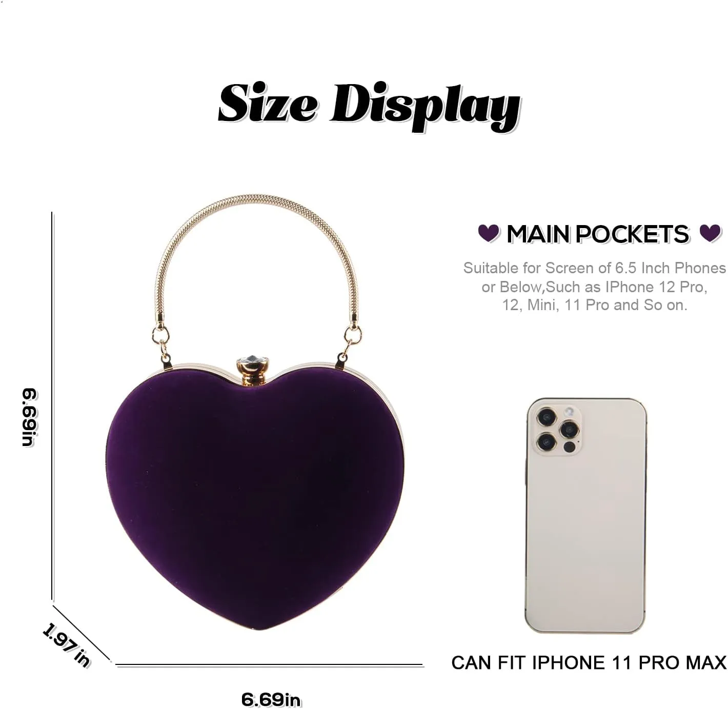 SUKUTU Womens Heart Shape Evening Bag Purse Velvet Party Tote Mini Handbag Clutch Chain Clear Shoulder Bag