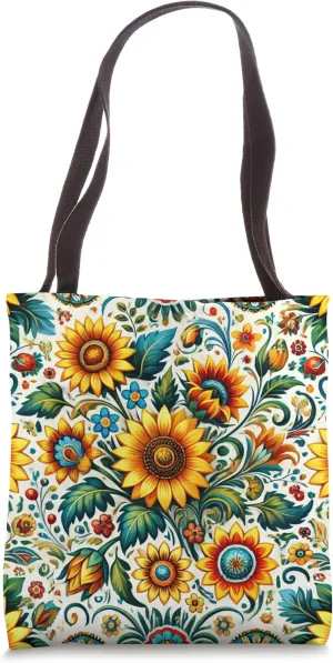 Sunflowers Floral Polish Folk Art Pattern Wycinanki Tote Bag