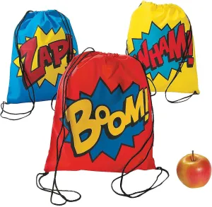 Superhero Drawstring Backpack Bags, Set of 12 - Comic Theme Birthday Party Favors, Giveaways and Handouts