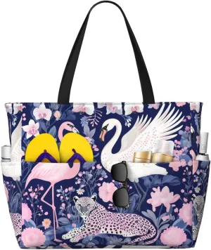 Swan Flamingo Floral Print 28L Large Beach Tote Bag, 7 Pockets Waterproof Travel Shoulder Bag, Gym Oversized Tote